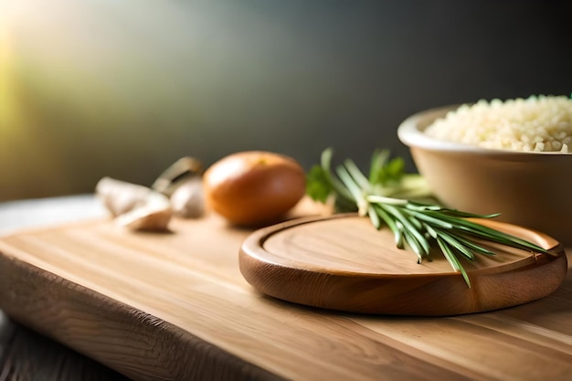 Een houten tafel met een kom rijst en knoflook erop.