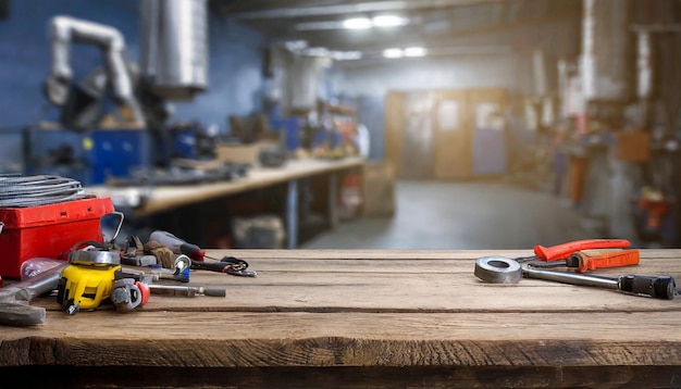 Foto een houten tafel met een lege ruimte en het interieur van een reparatiewinkel op de achtergrond