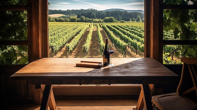 Een houten tafel met een open raam met uitzicht op een wijngaard Generatieve AI