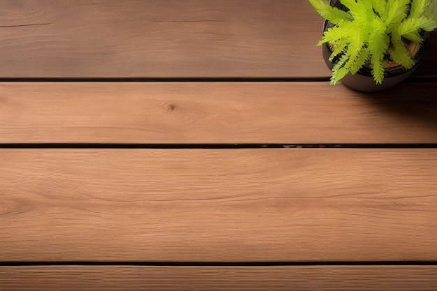 Een houten tafel met een plant erop