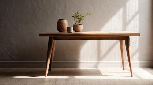 Een houten tafel met een plant erop