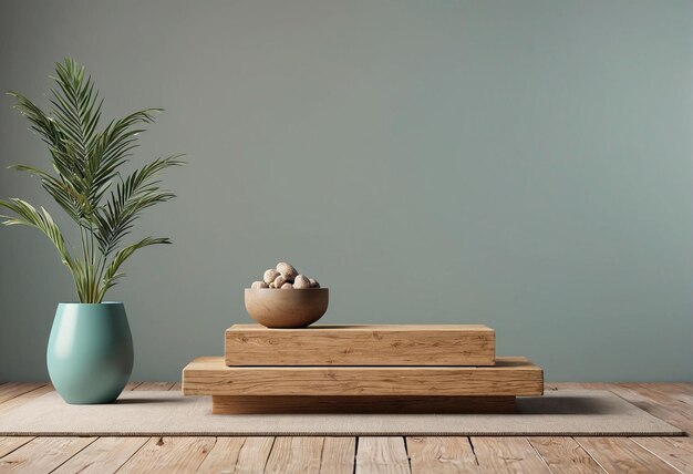 een houten tafel met een pot en een plant