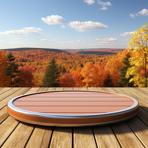 een houten tafel met een ronde spiegel erop en een foto van een landschap op de achtergrond