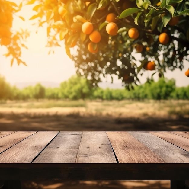 Een houten tafel met een sinaasappelboom op de achtergrond