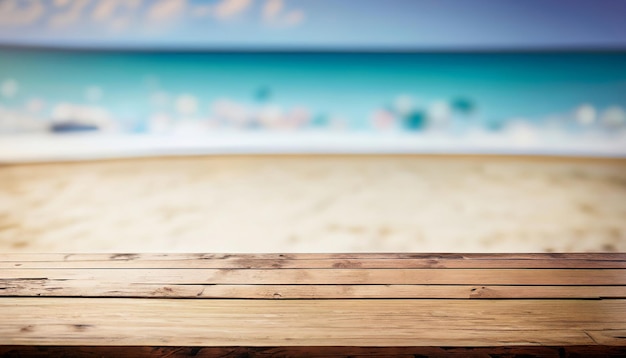 Foto een houten tafel met een strand op de achtergrond