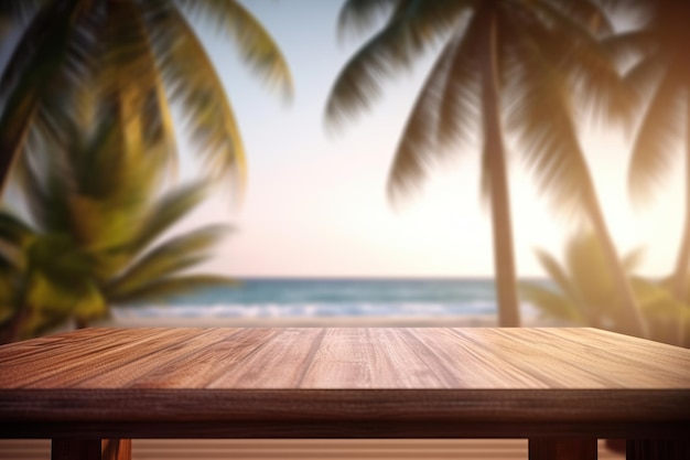 Een houten tafel met een strand op de achtergrond
