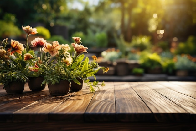 Een houten tafel met een tuin op de achtergrond