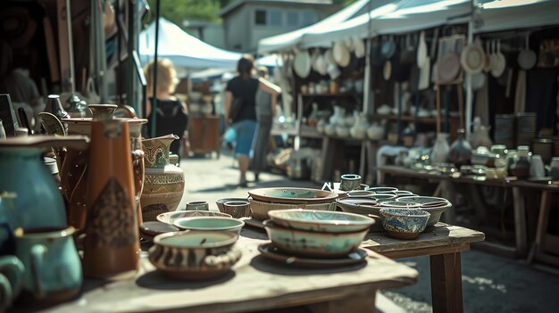 Een houten tafel met een verscheidenheid aan keramische schalen en vazen erop De tafel is in een markt en er lopen mensen op de achtergrond