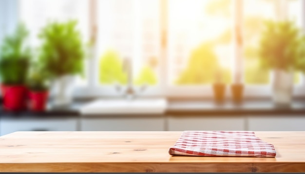 een houten tafel met een wazig uitzicht op de keuken die de warme en uitnodigende sfeer van een culinaire ruimte vasthoudt deze beelden tonen de huiselijke charme en het comfort van een geliefde keuken