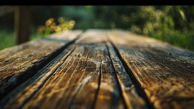 Foto een houten tafel met een wazige achtergrond van bomen en gras