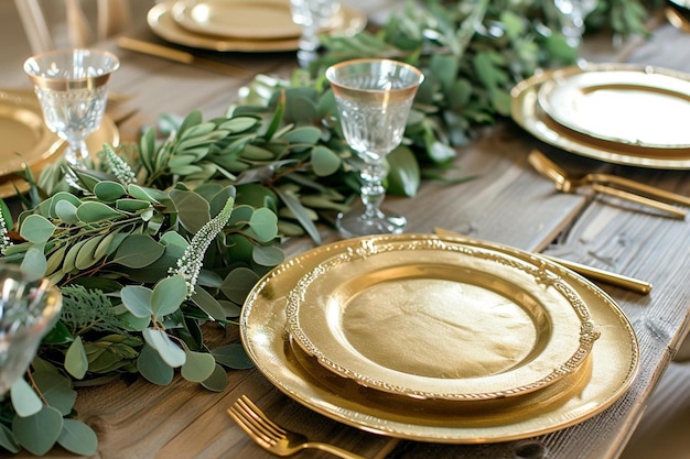 een houten tafel met gouden platen en zilverwerk