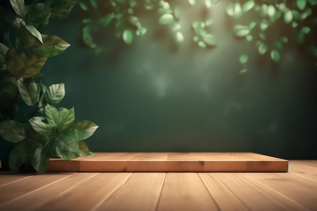Een houten tafel met groene bladeren erop