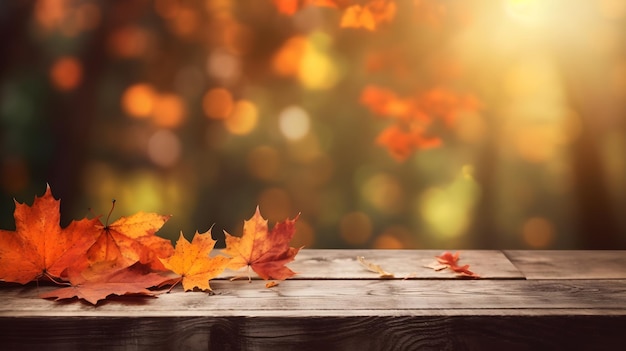 Een houten tafel met herfstbladeren erop