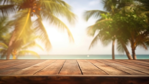 een houten tafel met palmbomen op het strand.