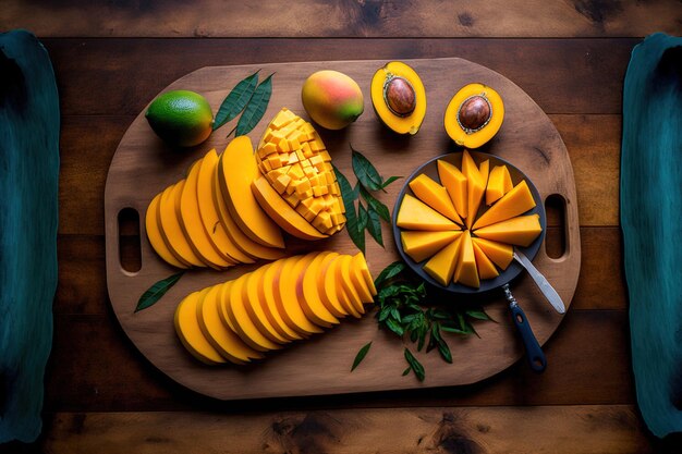 Een houten tafel met plakjes mango en mango