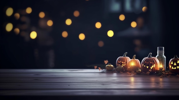 Een houten tafel met pompoenen erop met een donkere achtergrond met bokeh lichten op de achtergrond.