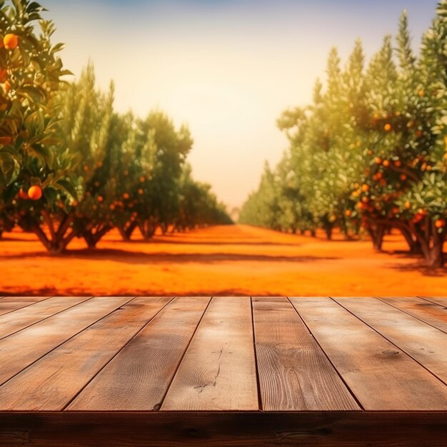 Een houten tafel met sinaasappelbomen op de achtergrond