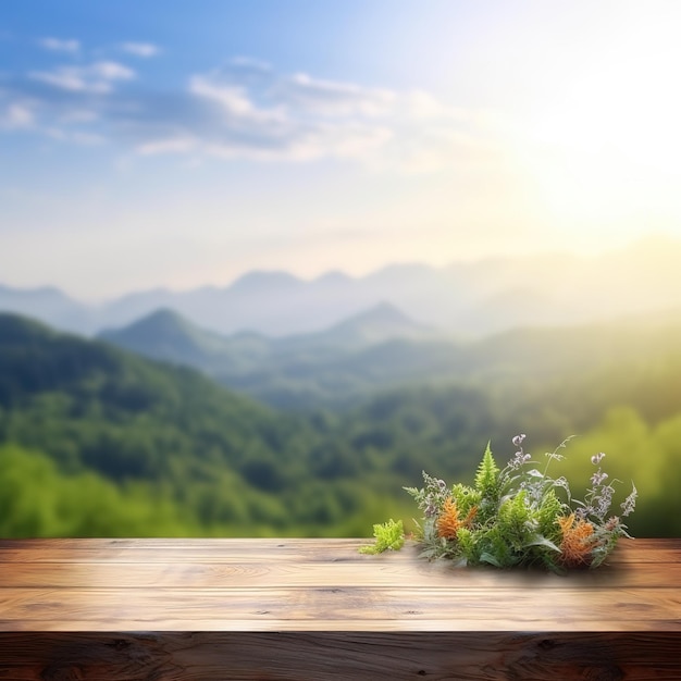 Een houten tafel met uitzicht op een berglandschap