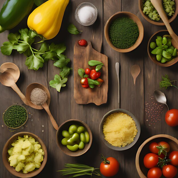 een houten tafel met verschillende groenten, waaronder tomaten, komkommers en tomaten