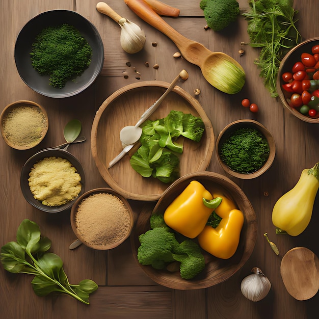 een houten tafel met verschillende ingrediënten, waaronder groenten en een spatula