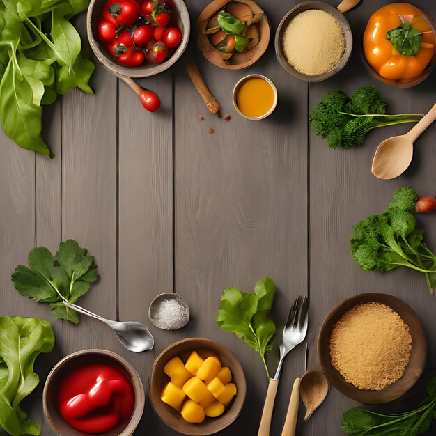 een houten tafel met verschillende ingrediënten, waaronder groenten en specerijen