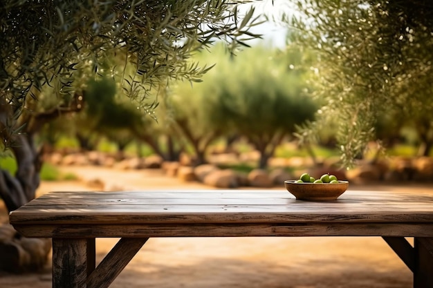 Een houten tafel op de achtergrond van olijfbomen en een boerderij Generative Ai