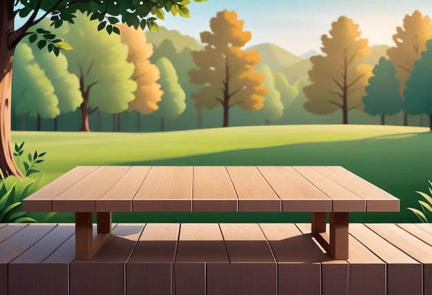 Een houten tafel staat kaal tegen een wazige achtergrond van de natuur, ideaal voor het tentoonstellen van producten