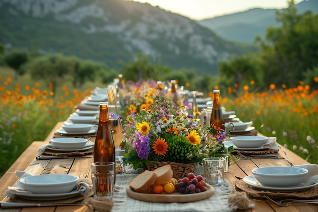 Een houten tafel versierd met borden en schalen gevuld met verschillende gerechten in een veld