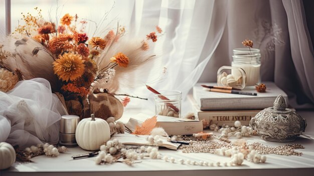 Een houten tafel versierd met een delicate vaas vol gedroogde bloemen vergezeld van een stapel boeken