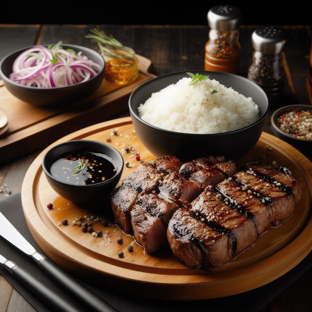 Een houten tafel vol steak met zwarte pepersaus en een kom rijst in een restaurant
