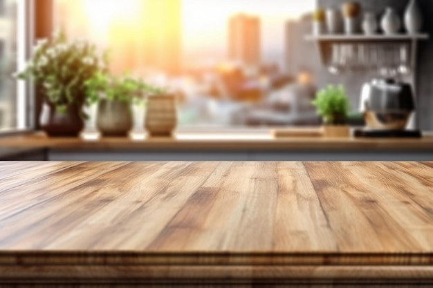 Een houten tafel voor een raam met planten op de achtergrond