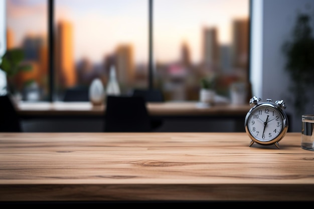 Een houten tafel zonder rommel tegen de achtergrond van een modern kantoor