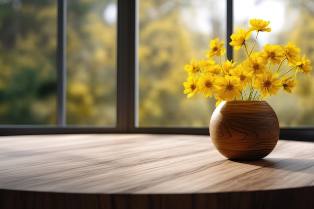 Een houten tafelblad voor een raam met gele bloemen Generatieve AI-illustratie