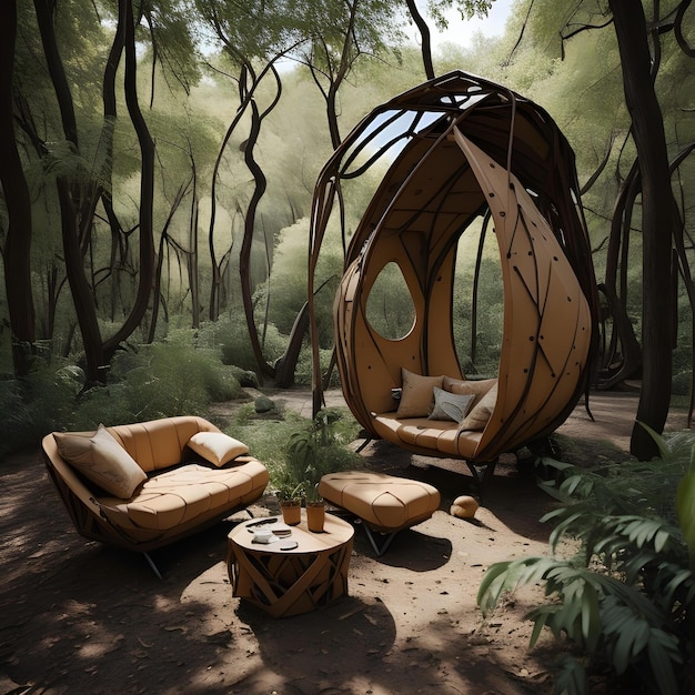 een houten tent in het bos met een stoel generatieve ai