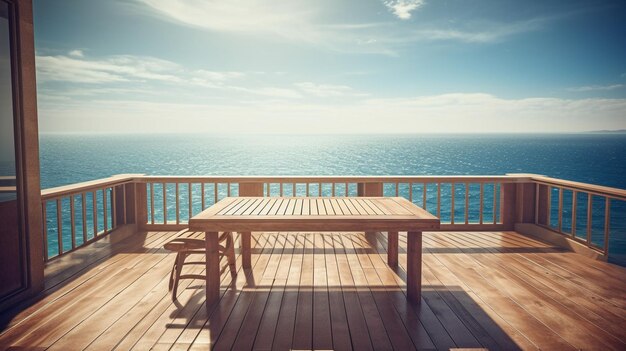 Een houten terras met een tafel en stoelen erop en de oceaan op de achtergrond.