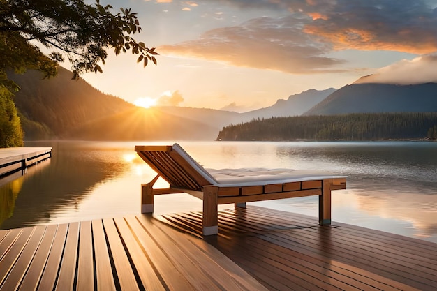 Een houten terras met uitzicht op een berg en een zonsondergang.