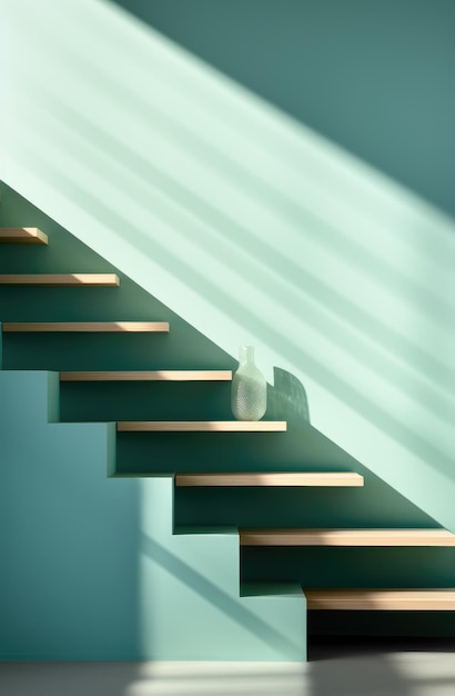 een houten trap met een groene poster bij de trap