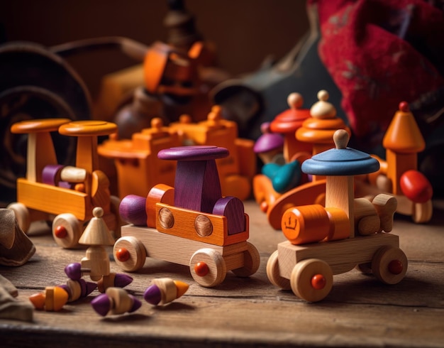 Foto een houten treinset met een trein erop