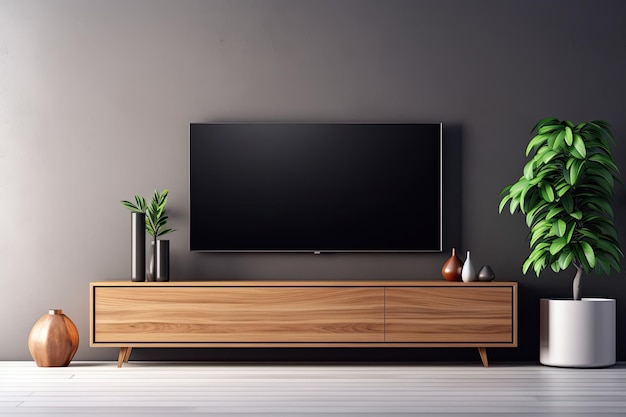 Een houten tv aan de muur in een moderne woonkamer met decoratieve elementen op een donkere achtergrond. Het beeld is gemaakt in een weergaveformaat