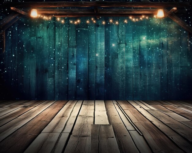 Een houten vloer met daarboven een sterrenhemel