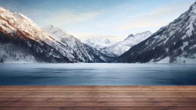 een houten vloer voor een bergmeer