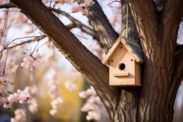 Een houten vogelhuisje dat aan een boom hangt