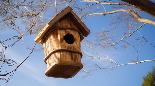 Een houten vogelhuisje dat in een boom hangt