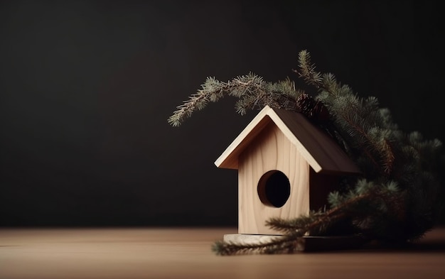 Een houten vogelhuisje met bovenop een dennentak