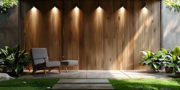 een houten wand met een witte stoel en een houten muur met een licht erop