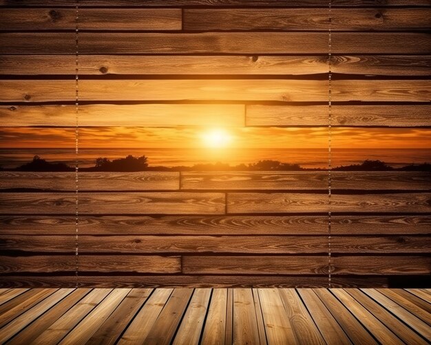 Foto een houten wand met een zonsondergang op de achtergrond