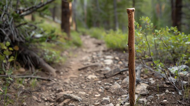 Foto een houten wandelstok markeert de weg op een wandelpad door het bos