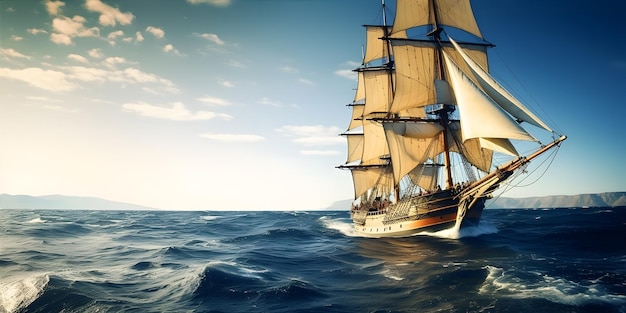 Een houten zeilschip dat sierlijk door de diepblauwe golven van de heldere hemel van de open oceaan snijdt
