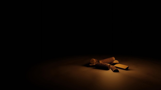 Een houtstapel op zandgrond met sterveld op de achtergrond (3D-rendering)