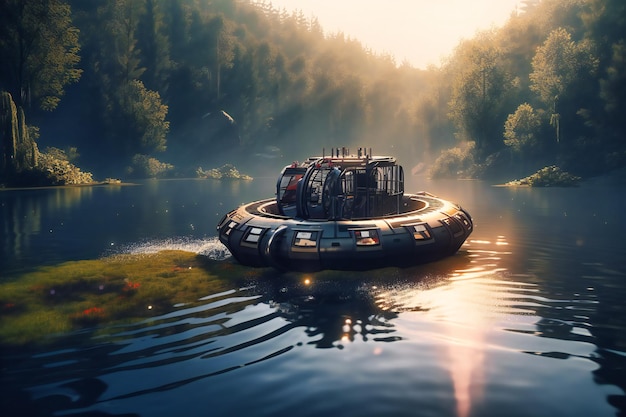 Een hovercraft zoeft over het oppervlak van een rustig meer en zorgt voor een spannende rit